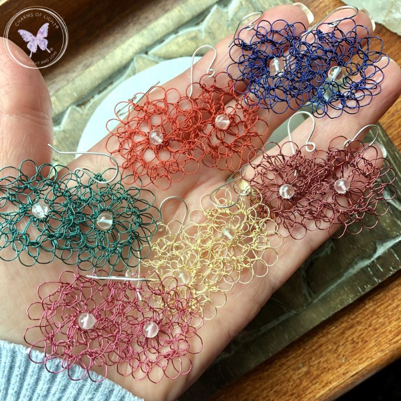 Copper Wire Crochet Medallion Earrings With Clear Quartz (Teal)